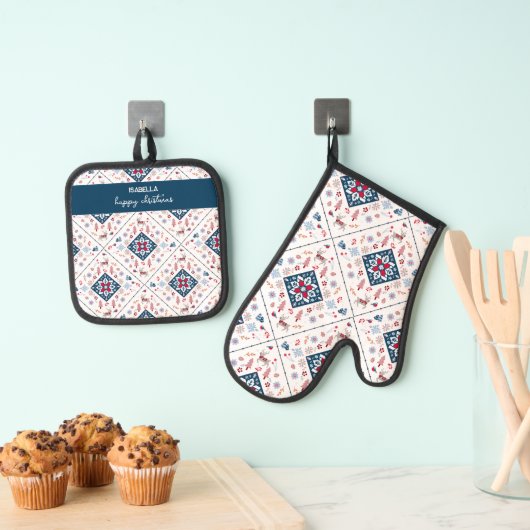 トナカイと冬の花模様と北欧クリスマス 鍋つかみ&鍋敷きセット (インサイチュ (吊り下げ))