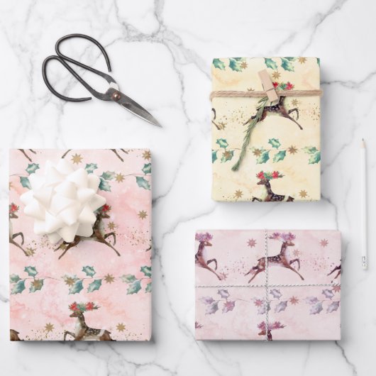 トナカイと緑クリスマス ラッピングペーパーシート (正面)