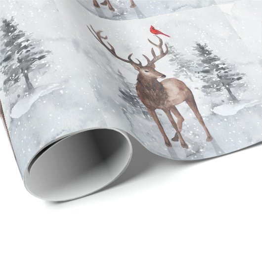 トナカイと赤(鳥)ショウジョウコウカンチョウバードスノークリスマス ラッピングペーパー (ロールコーナー)