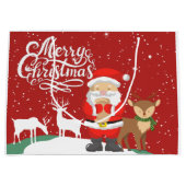 トナカイと雪の中のかわいいサンタScript red ラージペーパーバッグ (正面)