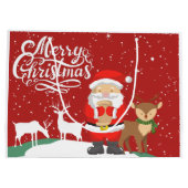 トナカイと雪の中のかわいいサンタScript red ラージペーパーバッグ (裏面)