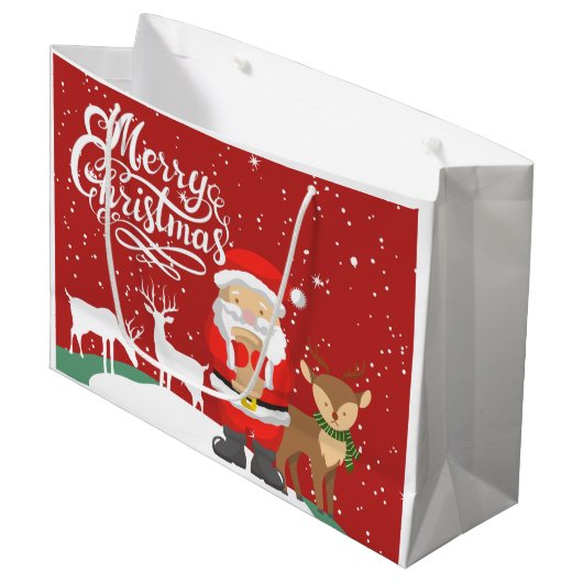 トナカイと雪の中のかわいいサンタScript red ラージペーパーバッグ (正面アングル)