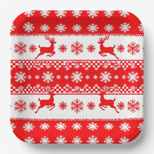 トナカイと雪の結晶のクリスマスパターン ペーパープレート (正面)