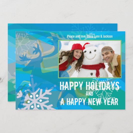 トナカイと雪の結晶のホリデー写真グリーティングカード シーズンカード (正面/裏面)