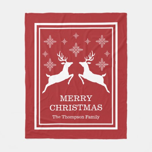 トナカイと雪片が二人でクリスマスを祝う フリースブランケット (正面)