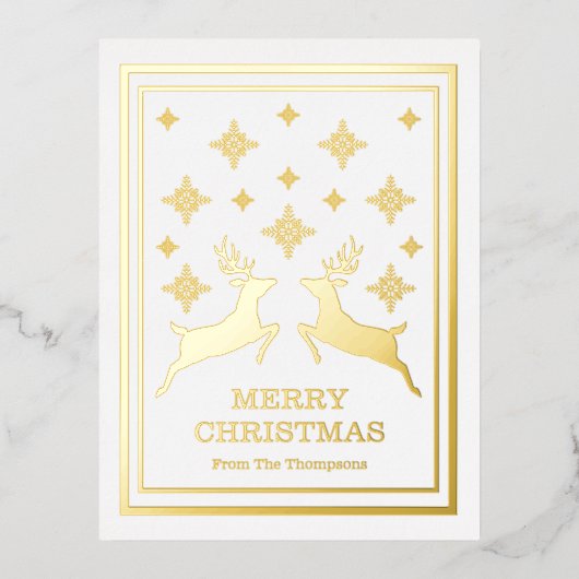 トナカイと雪片が二人でクリスマスを祝う 箔シーズンポストカード (正面)