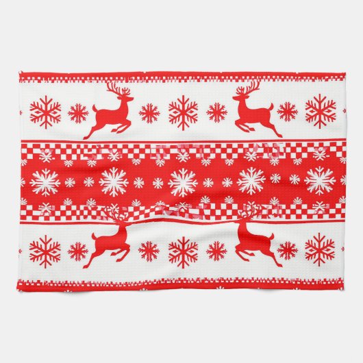 トナカイと雪片のクリスマスパターン キッチンタオル (横)