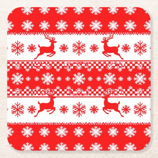 トナカイと雪片のクリスマスパターン スクエアペーパーコースター (正面)