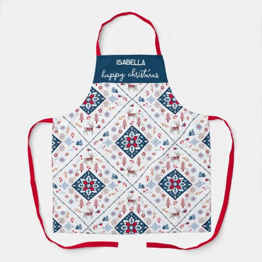 トナカイと雪片を持つ北欧のクリスマス エプロン (正面)