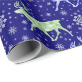 トナカイと雪片パターンブルーとグリーン ラッピングペーパー (ロールコーナー)