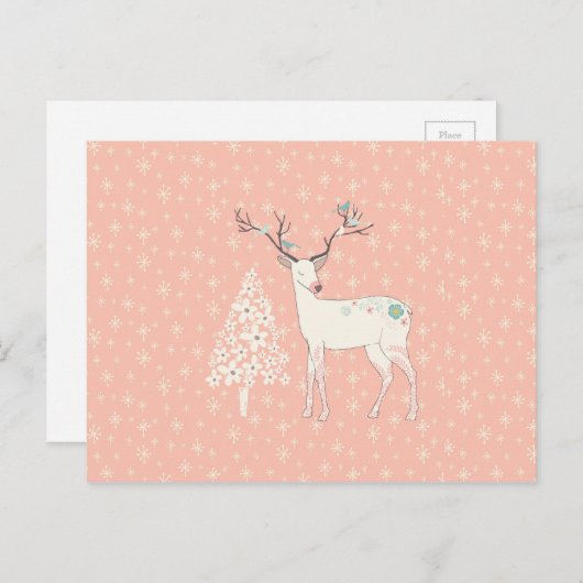 トナカイと雪片ピンク ポストカード (正面/裏面)
