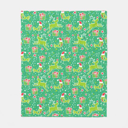 トナカイと鳥の緑のパターン(の模様が)あるクリスマス フリースブランケット (正面)