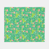 トナカイと鳥の緑のパターン(の模様が)あるクリスマス フリースブランケット (正面(横))