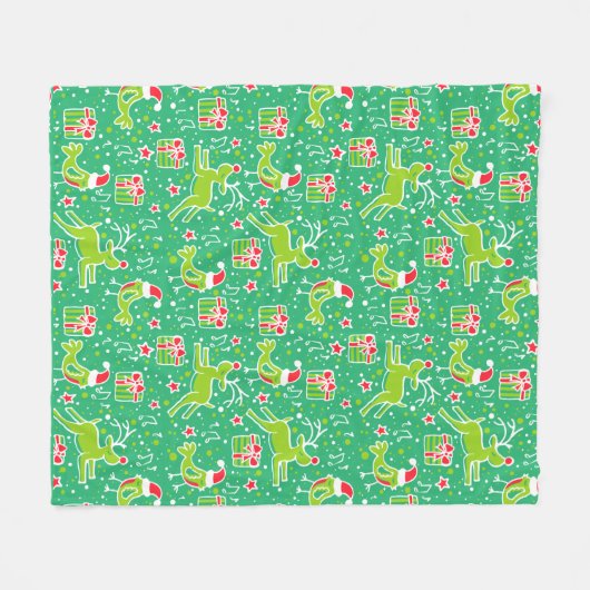 トナカイと鳥の緑のパターン(の模様が)あるクリスマス フリースブランケット (正面(横))