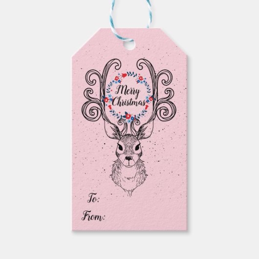 トナカイと〔雄ジカの〕枝角メリークリスマスホリデー ギフトタグ (正面)