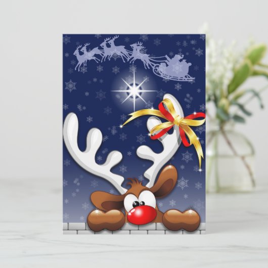トナカイによって困惑させるおもしろいなクリスマスのキャラクター シーズンカード (スタンド正面)