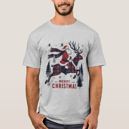 トナカイに乗ったクリスマス・サンタクロース Tシャツ (正面)
