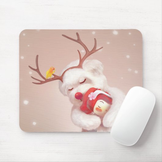 トナカイのガールハギングドッグ〔雄ジカの〕枝角 マウスパッド (マウス)