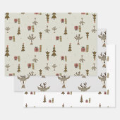 トナカイのギフトラップ |3つのシート |水彩 ラッピングペーパーシート