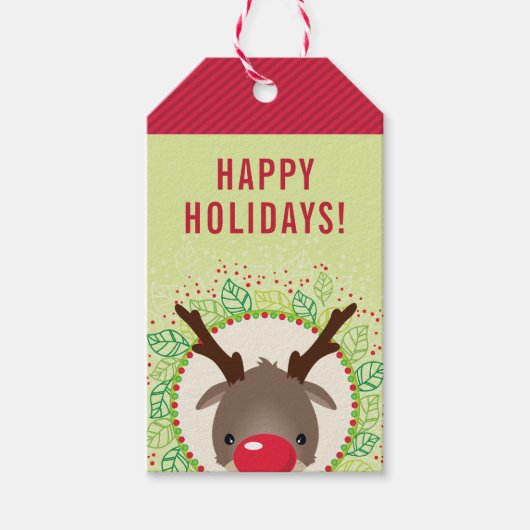 トナカイのクリスマスかわいい赤い鼻ルドルフ赤い緑 ギフトタグ (正面)