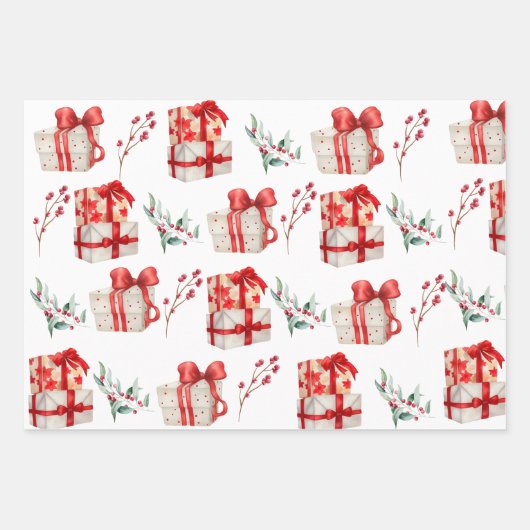 トナカイのクリスマスと赤いポインセチア ラッピングペーパーシート (正面3)
