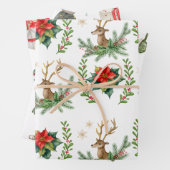 トナカイのクリスマスと赤いポインセチア ラッピングペーパーシート (インサイチュ)