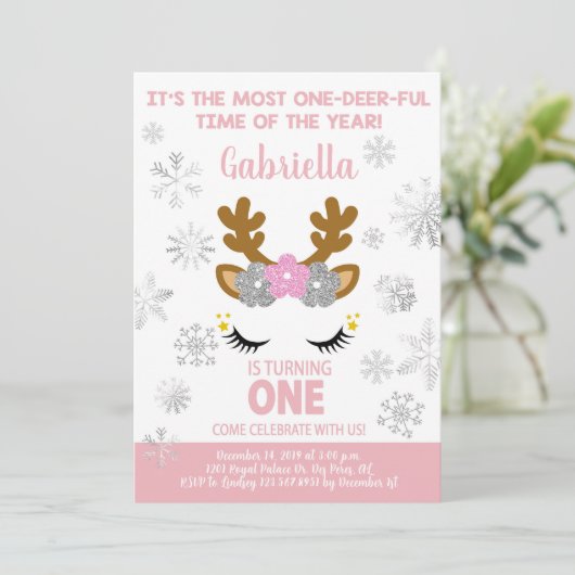 トナカイのクリスマスウィンテガール1st誕生日招待状。 招待状 (スタンド正面)