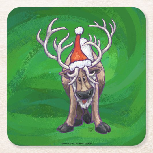 トナカイのクリスマスオングリーン スクエアペーパーコースター (正面)