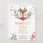 トナカイのクリスマスバースデーパーティー赤い冬鹿 招待状 (正面)
