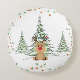 トナカイのクリスマスホリデーライトウィンターツリー ラウンドクッション
