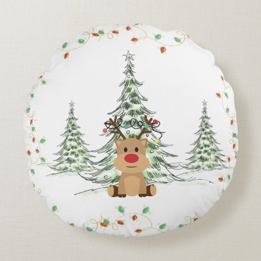 トナカイのクリスマスホリデーライトウィンターツリー ラウンドクッション (正面)