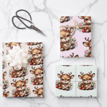 トナカイのクリスマスラッピング紙フラットシート–3セット