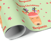 トナカイのクリスマスレッドグリーンパーソナライズされた名 ラッピングペーパー (ロールコーナー)