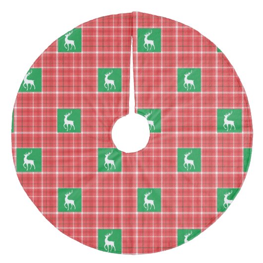 トナカイのクリスマスレッドグリーンホワイトトウィズプレイド フリース ツリースカート (正面)