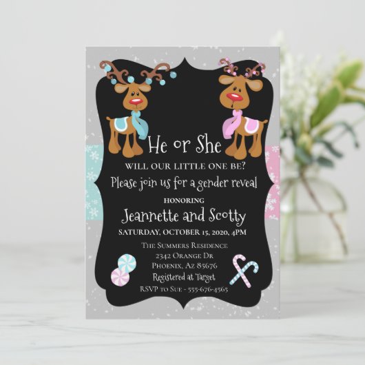 トナカイのクリスマス休暇の性別の表示 招待状 (スタンド正面)