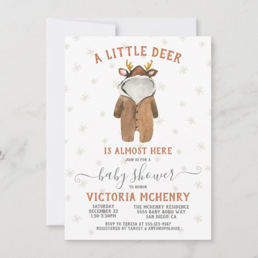 トナカイのクリスマス冬の赤ちゃんシャワー 招待状 (正面)