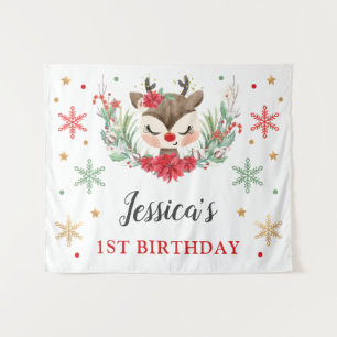 トナカイのクリスマス1歳誕生日冬の鹿バナー タペストリー