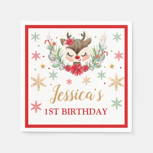 トナカイのクリスマス1st誕生日レッドウィンターディアー スタンダードカクテルナプキン (正面)