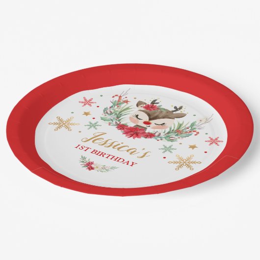トナカイのクリスマス1st誕生日レッドウィンターディアー ペーパープレート (アングル)