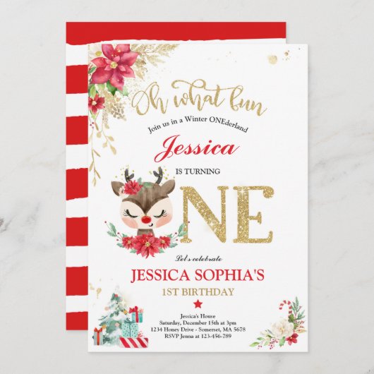 トナカイのクリスマス1st誕生日レッドウィンターディアー 招待状 (正面/裏面)