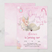 トナカイのクリスマス 誕生日1歳 ピンクの冬の鹿 招待状 (正面/裏面)