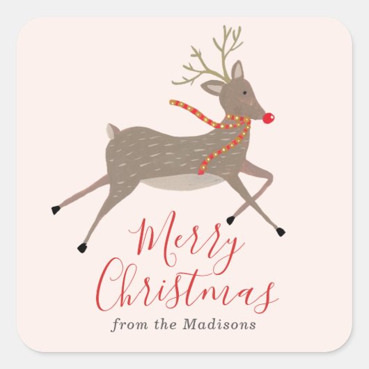 トナカイのゲームクリスマスステッカー スクエアシール (正面)