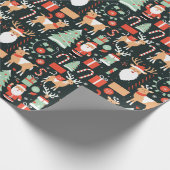 トナカイのサンタツリーパターンクリスマスブラック ラッピングペーパー (角)