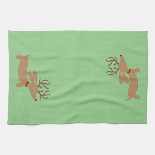 トナカイのダックスフントのクリスマスの緑の皿タオル キッチンタオル (横)