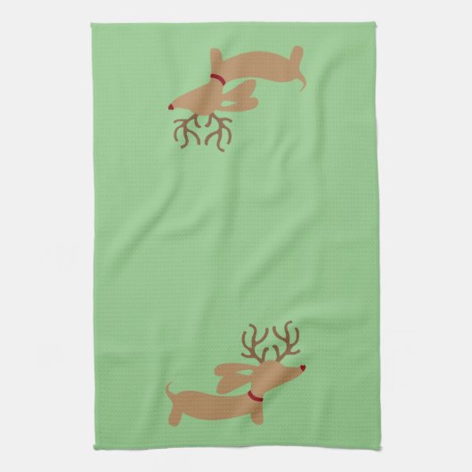 トナカイのダックスフントのクリスマスの緑の皿タオル キッチンタオル (縦)