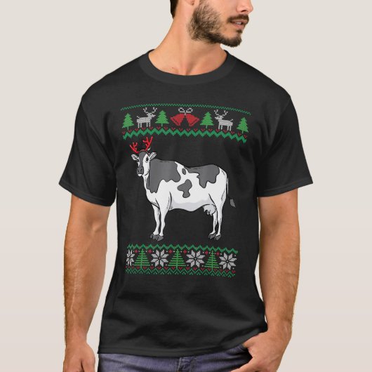 トナカイのツノを付けたウシのユーモラスなクリスマス Tシャツ (正面)