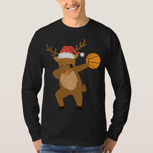 トナカイのバスケットボールサンタクリスマス Tシャツ (正面)
