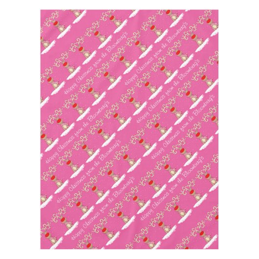 トナカイのピンクのクリスマスの名前入りな姓 テーブルクロス (正面)