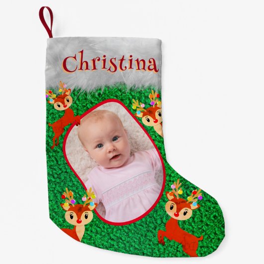 トナカイのメリークリスマスかわいい愛らしい写真名 スモールクリスマスストッキング (正面)