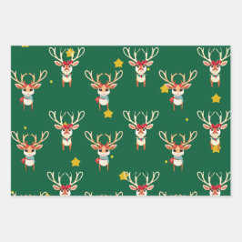 トナカイのラッピング紙 – 緑の背景 ラッピングペーパーシート